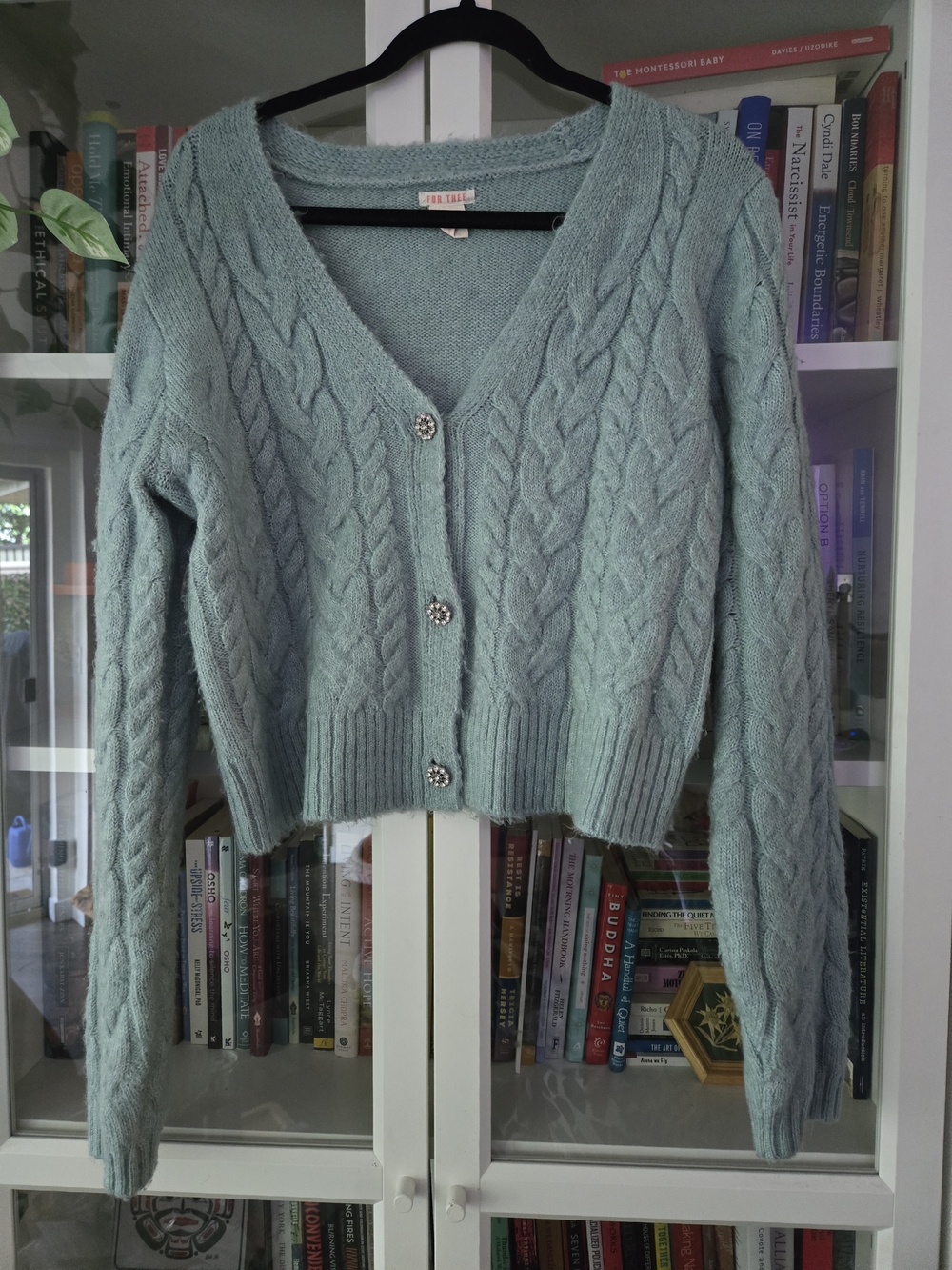 For Thee Light Mint Cable Knit V-Neck Cardigan Sweater with Rhinestone Buttons - Picture 6 of 8